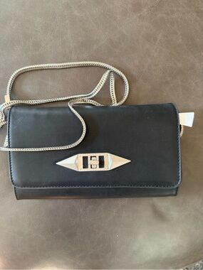 Black Leather Crossbody Wallet with Silver Chain Strap